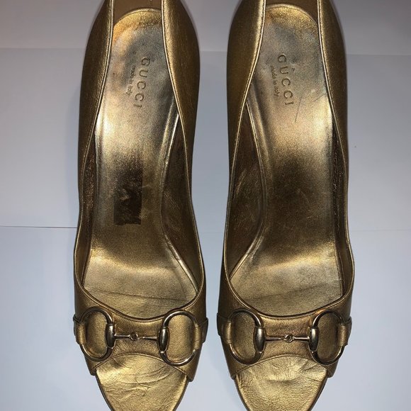 GUCCI GOLD PLATFORM HORSEBIT HEELS PUMPS OPEN-TOE 8.5 RARE! - Picture 8 of 8